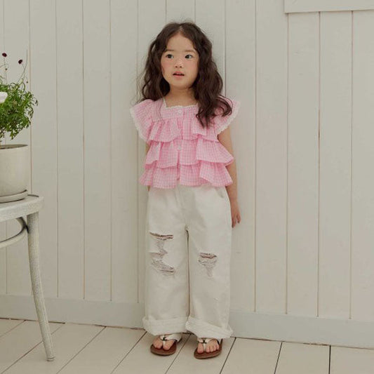 Folded Distressed Denim Pants - Kids Korean toddler pants in ivory made in Korea