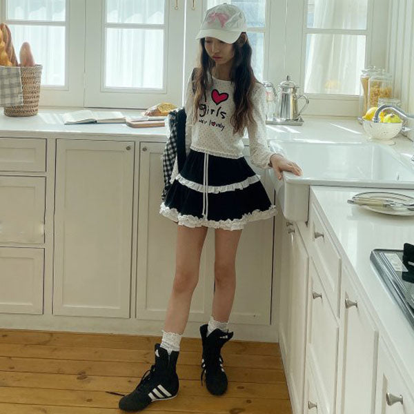 Lace Ruffle Tiered Skirt Korean juniors skirt in heather made in Korea