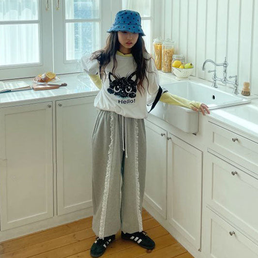 Front Lace Jogger Pants Adult Korean kids pants in heather made in Korea