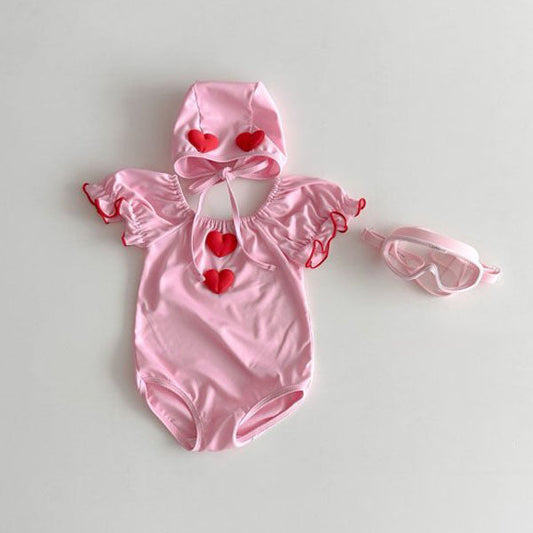 Heart Motif Shirred Swimsuit Korean toddler swimsuit in check made in Korea