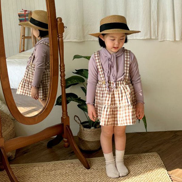 Gingham Shirred Suspender Skirt Korean toddler skirt in red made in Korea