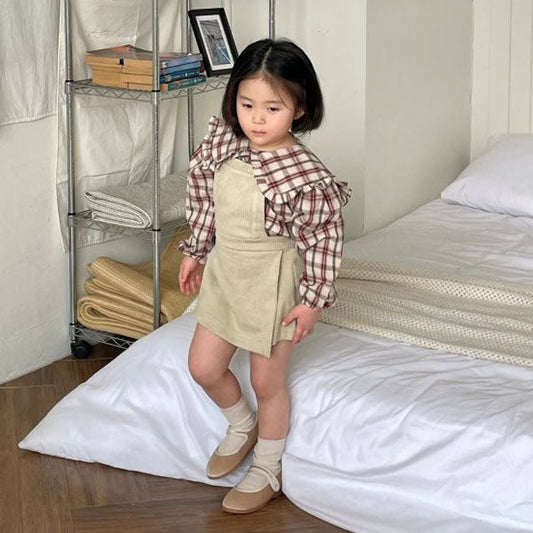 Check Ruffle Collar Blouse Korean toddler blouse in beige-red made in Korea