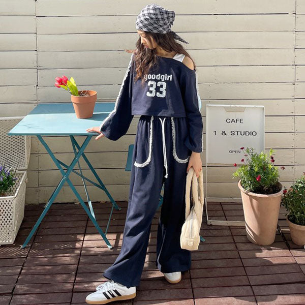 Shoulder Cut-Out Idol Style Set Korean juniors set in navy made in Korea