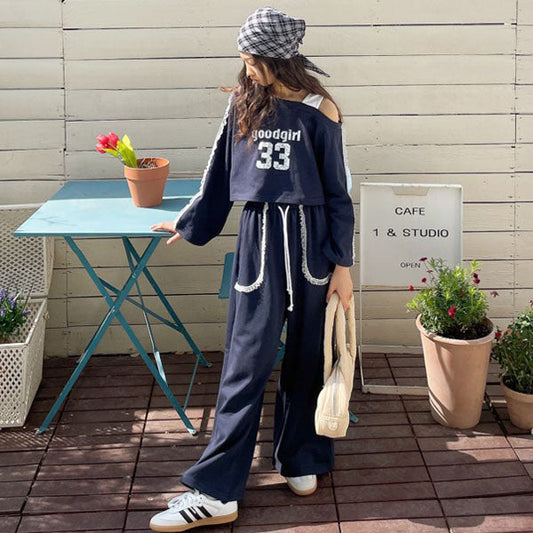 Shoulder Cut-Out Idol Style Set Korean juniors set in navy made in Korea