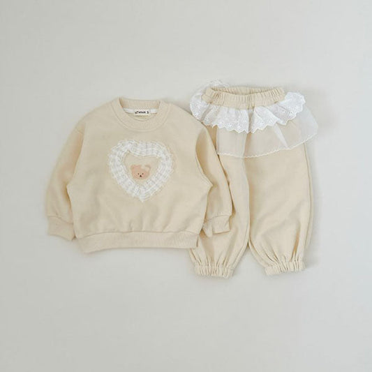 Ruffle Bear Top & Bottom Set Korean toddler set in off-white melange made in Korea