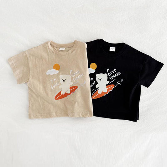Teddy Bear Surfer Short Sleeve Tee Korean toddler t-shirt in beige made in Korea