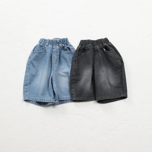 Washed Curve Bermuda Shorts Korean toddler shorts in blue denim made in Korea