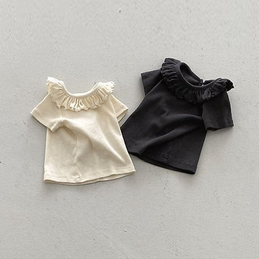 Ribbed Ruffle Tee Korean toddler t-shirt in cream made in Korea