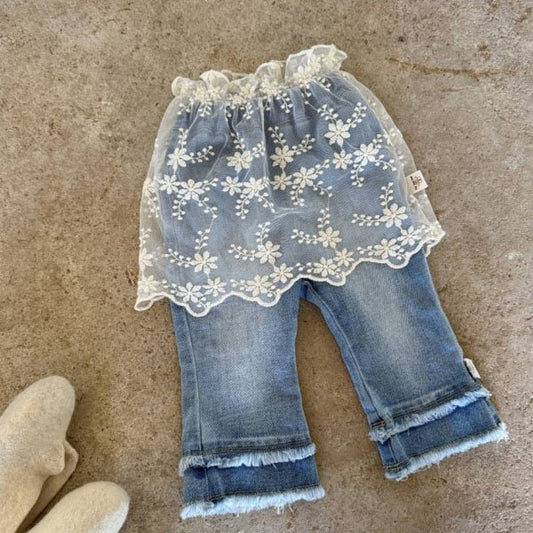Lace Apron Denim Pants
