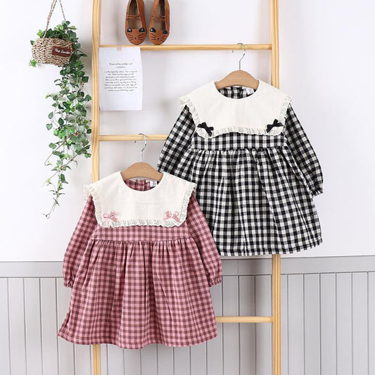 Check Ribbon Collar Dress