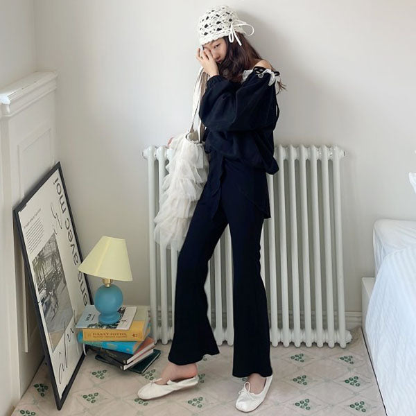 Ribbon Wrap Ribbed Bootcut Pants