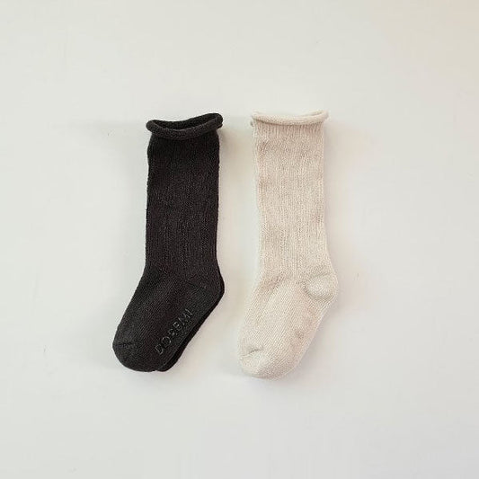 Roll-Top Roomy Knee Socks Linen Set (2P)